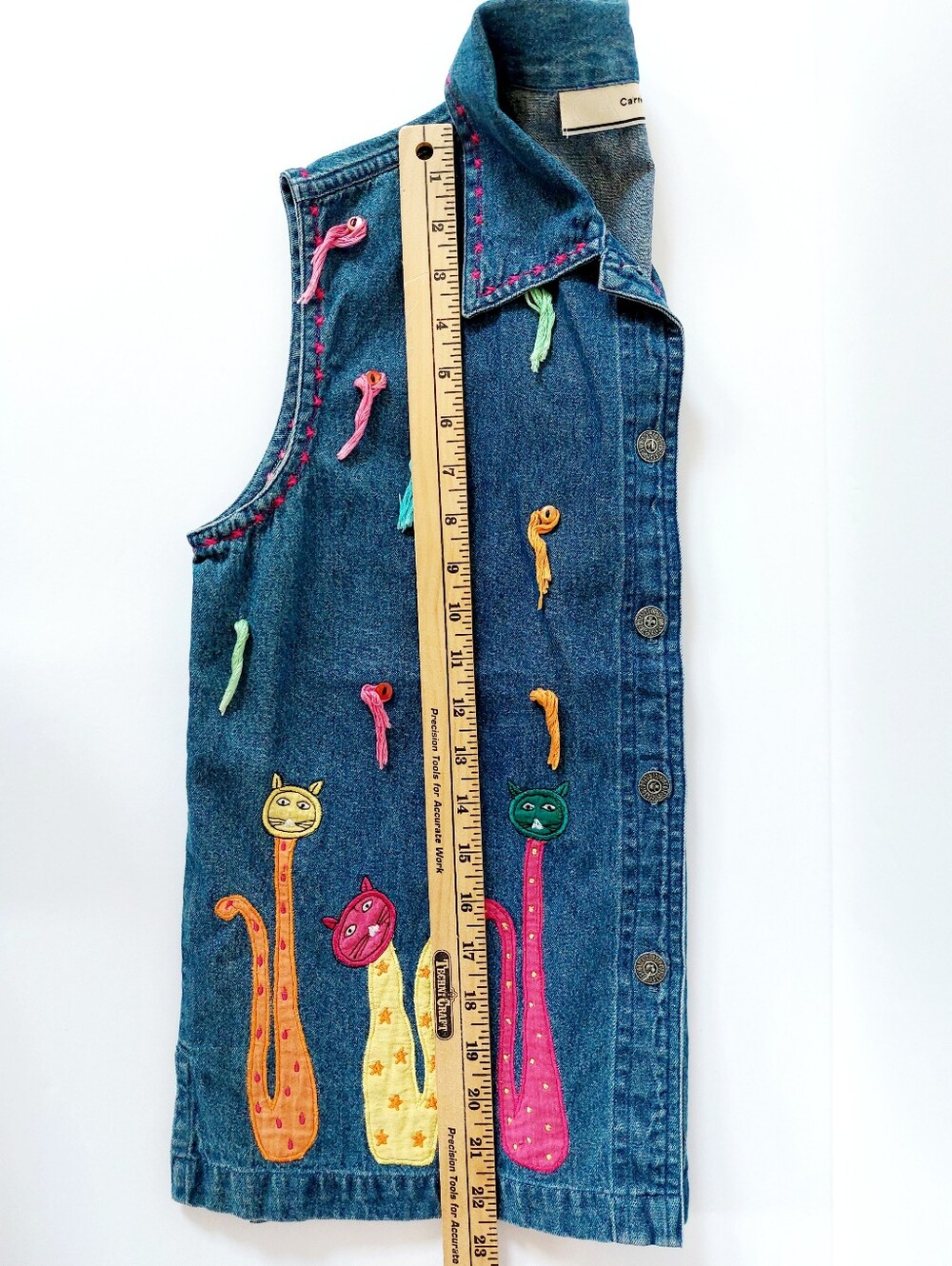 Tall Neon Cat Denim Vest Large Boho Tassel Cottagecore Teacher Granny Kitty 90s - Picture 6 of 6